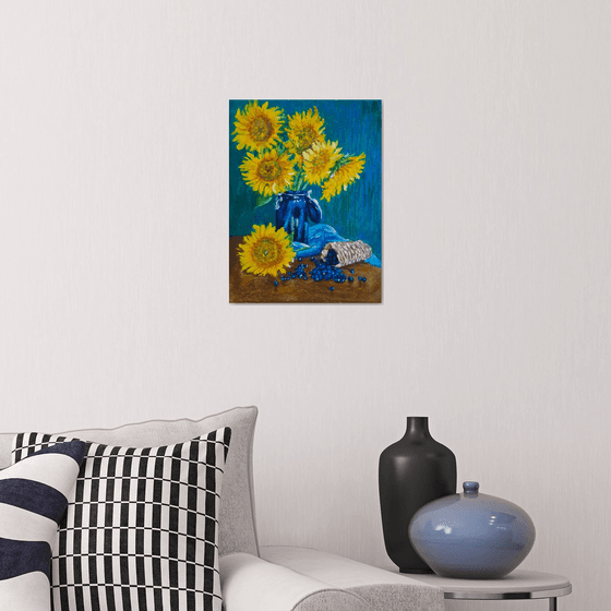 Still life Sunflowers and Blueberries... /  ORIGINAL PAINTING