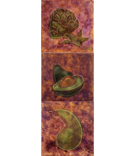 Triptych food oil paintings with artichoke, avocado, pear