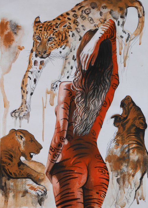 Wild Cats and Nude Drawing by Alexander Titorenkov