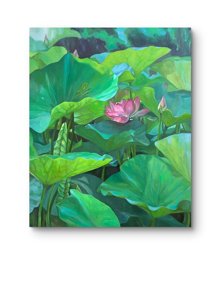 Impressionistic Botanical Oil Painting By Guzel Min, 26 X 32, Blooming Lotuses. Maturity, Original Artwork