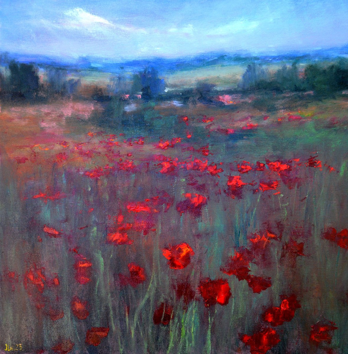 Expressive Landscape Oil Painting By Elena Lukina, 20 X 20, Spring Poppies, Original Artwork