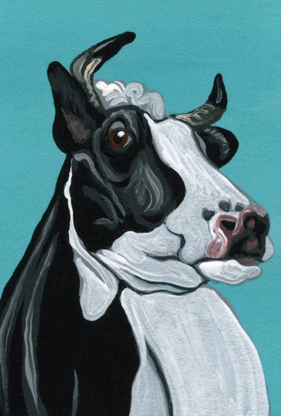 ACEO ATC Original Painting Black White  Cow Farm Animal Art-Carla Smale