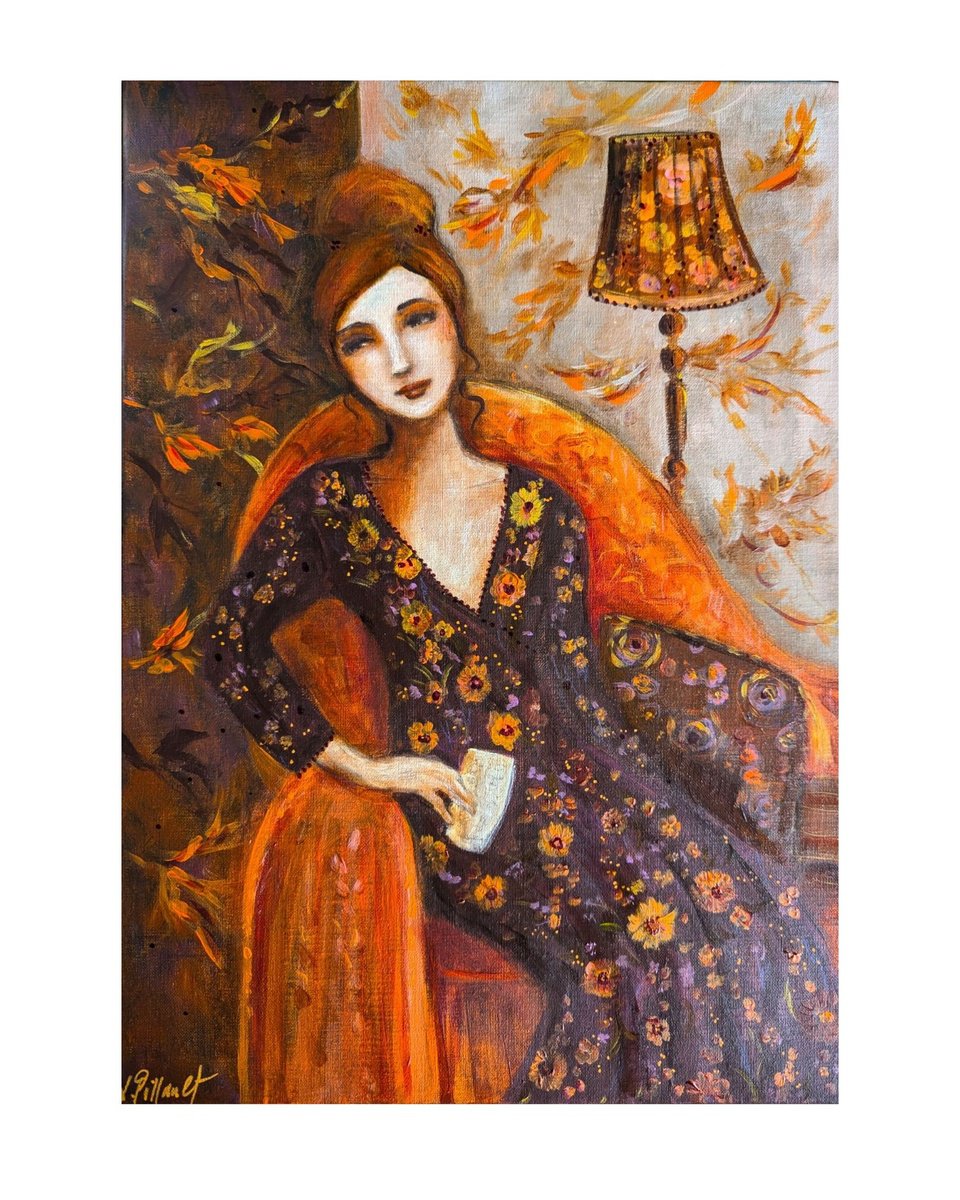 Illustrative Portrait Acrylic Painting By Loetitia Pillault, 13 X 18", The October Letter., Original Artwork