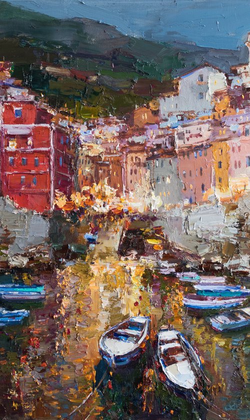 Riomaggiore, Cinque terre - Italian Landscape painting by Anastasiia Valiulina