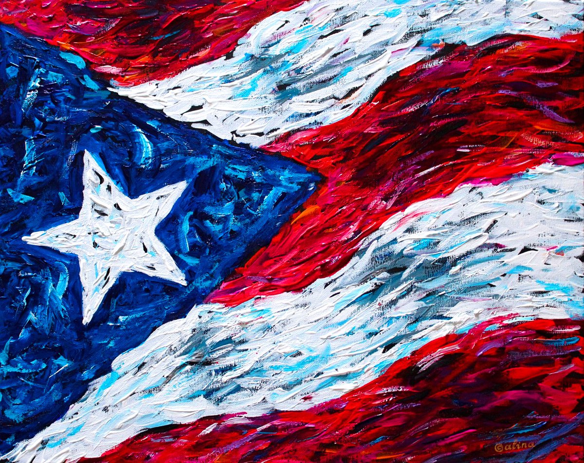 Abstract Acrylic Painting By Galina Victoria, 20 X 16, Puerto Rican Flag, Original Artwork