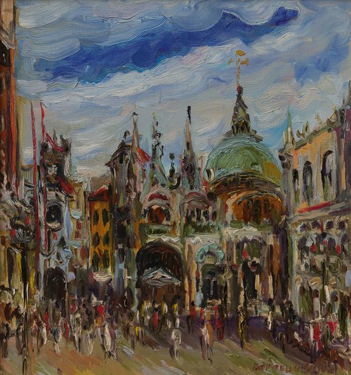 PIAZZA SAN MARCO - Venice cityscape, landscape, original oil painting, Valentine's gift by Karakhan