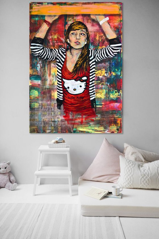 Hello Kitty - Original Modern Portrait Painting Art on Canvas