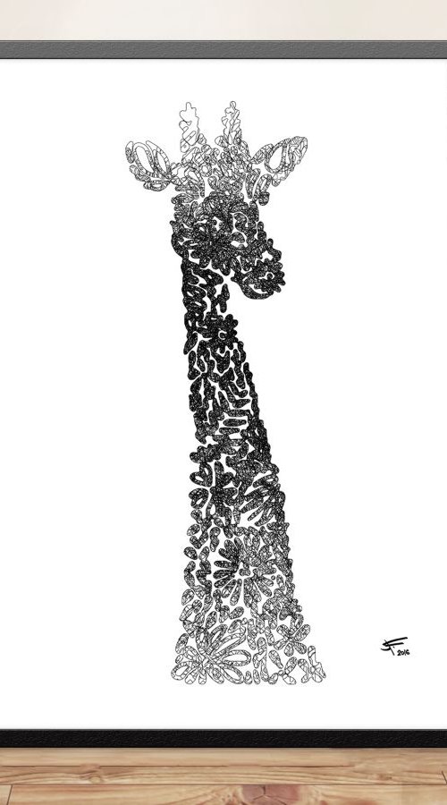 Giraffe, Black and White, Framed Artwork, 16 x20 inches, by Jeff Kaguri