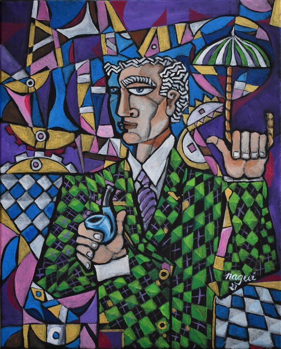 Man with pipe and umbrella
