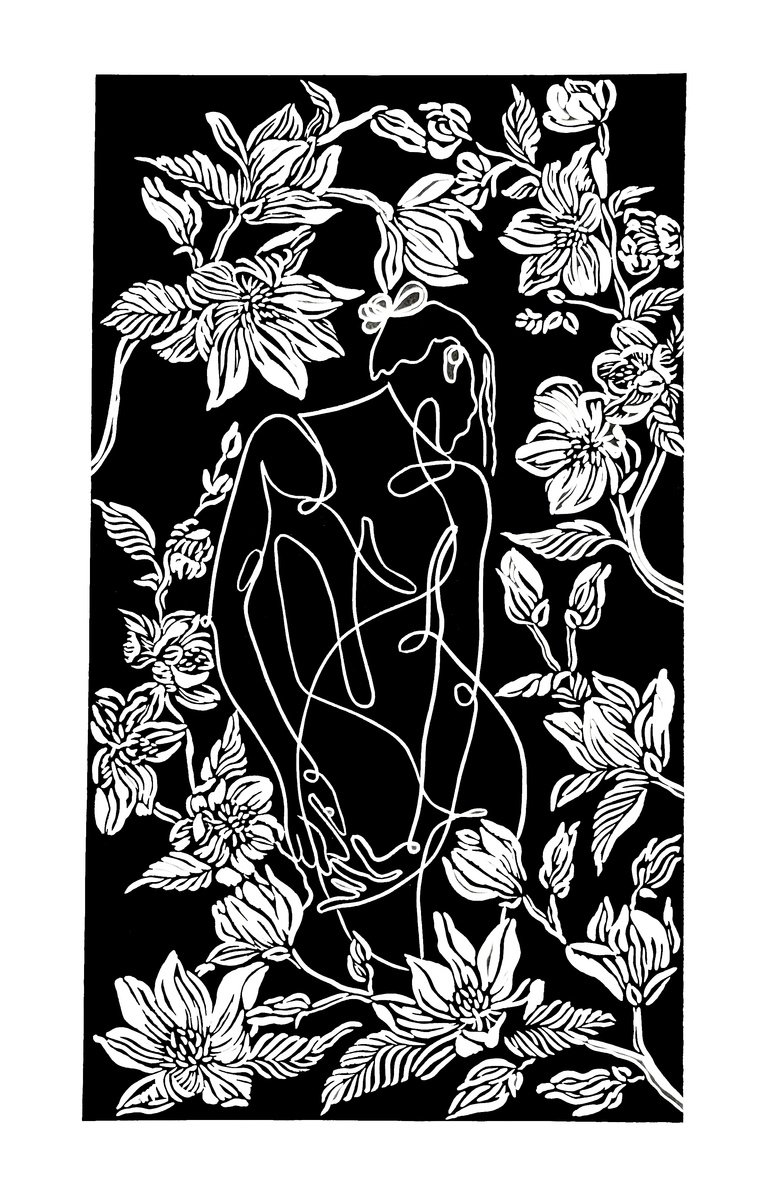 Portrait Linocut By Aneta Gajos, 19 X 29, In The Garden, Original Artwork