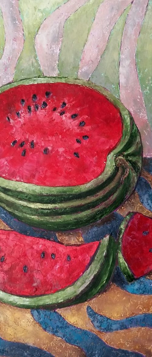 Striped still life with watermelon, 80x80 cm, original painting, FREE SHIPPING by Larissa Uvarova