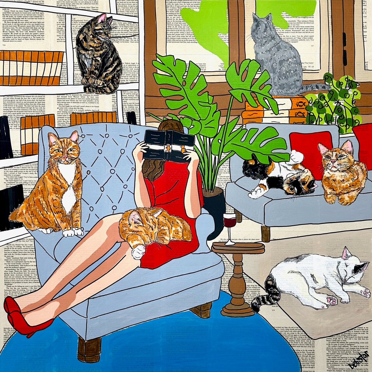 Urban And Pop Acrylic Painting , Cat Capers - Crazy Cat Lady 76Cm X 76Cm By Deborah Lang, 30 X 30, Artwork For Sale On Artfinder