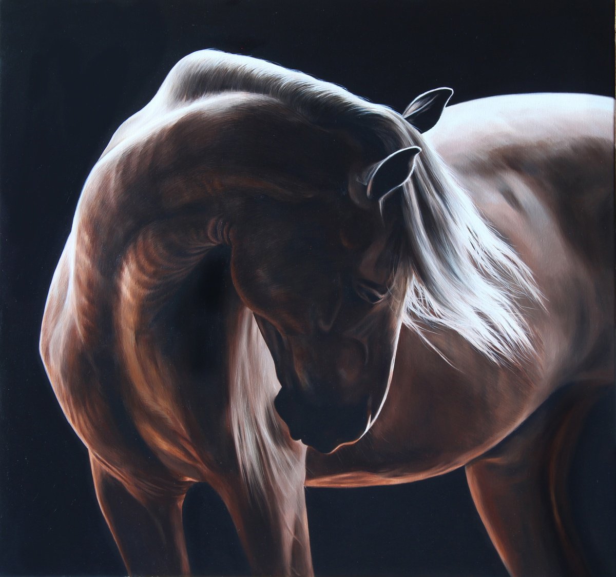 Photorealistic Animal Oil Painting By Marie Madej, 35 X 33", Equine Light, Original Artwork