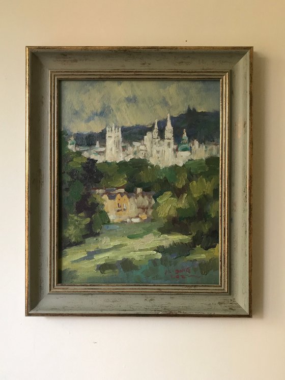 Original Oil Painting Wall Art Artwork Signed Hand Made Jixiang Dong Canvas 20cm × 25cm A Glance in South Park Oxford small building Impressionism