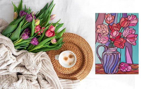 Pink tulips in vase - abstract flowers in stained glass cubism style