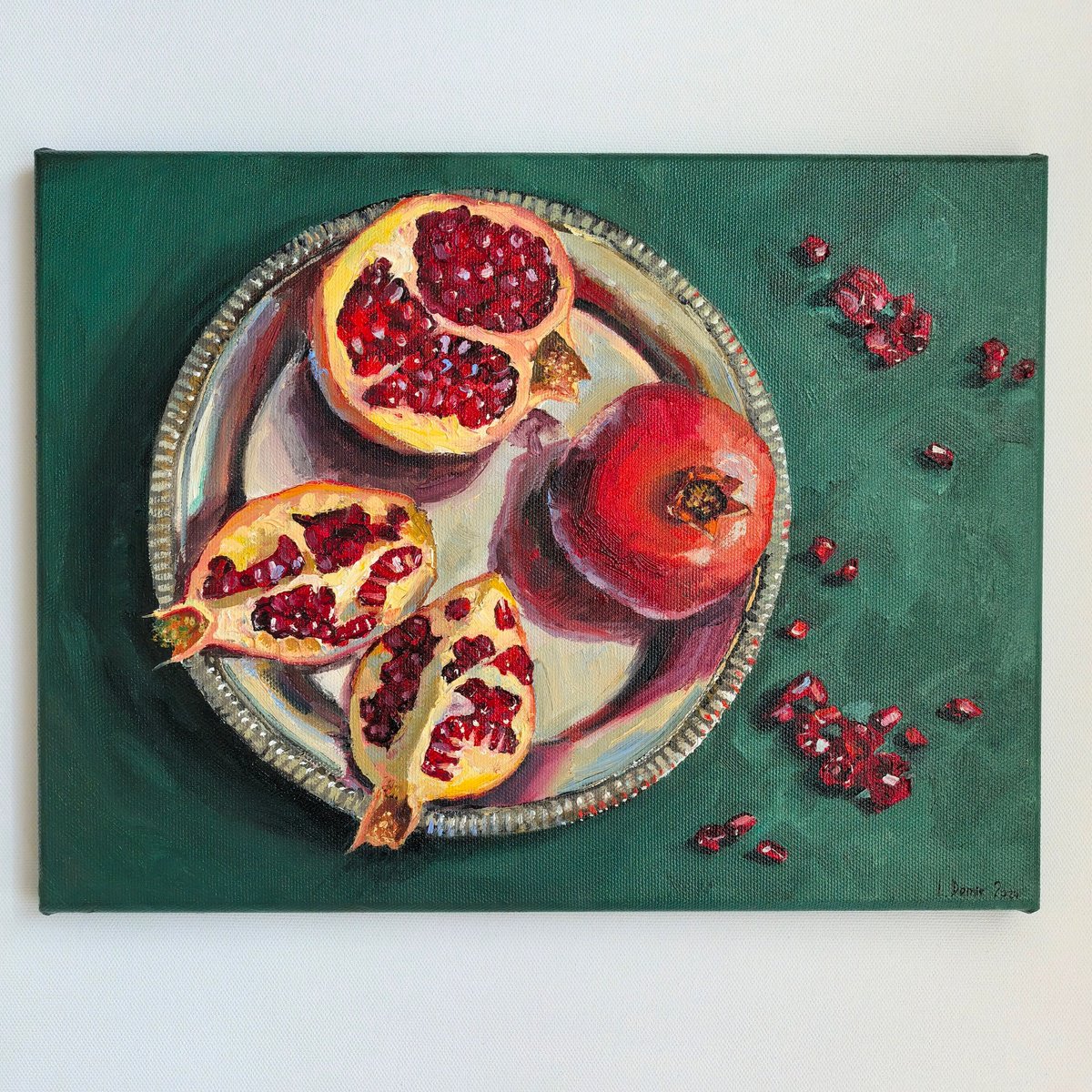 Impressionistic Still Life Oil Painting By Leyla Demir, 16 X 12", Pomegranates On Metal Tray, Original Artwork