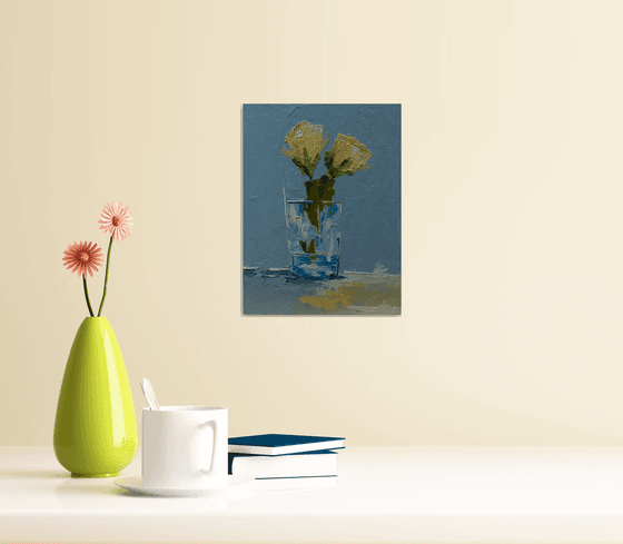 Yellow roses in glass. Still life painting with yellow roses