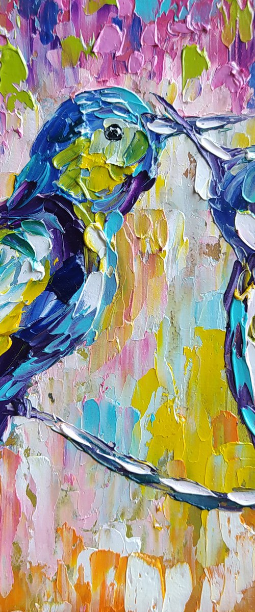 Colors around us -  oil painting, birds love, love, birds, animals oil painting, art bird, impressionism, palette knife, gift. by Anastasia Kozorez