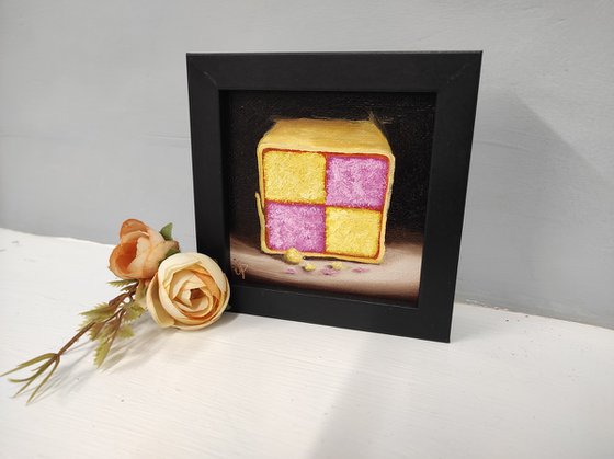 Little Battenberg cake slice still life