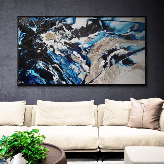 Midnight Flow 190cm x 100cm Blue Black Grey Textured Abstract Art