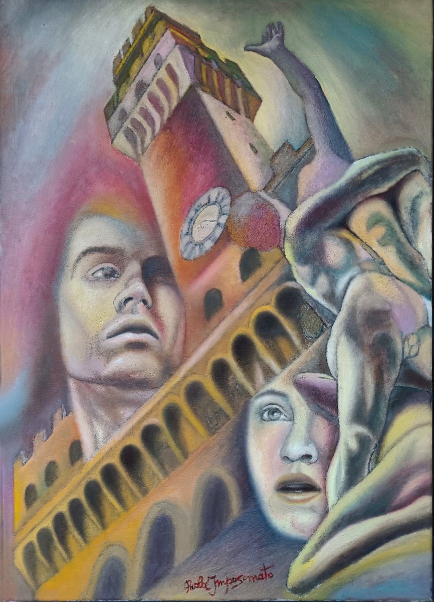 Surrealistic Portrait Oil Painting By Paola Imposimato, 20 X 28", The Square And History, Original Artwork