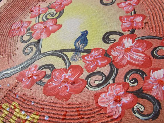 red Cherry blossom tree and blue bird painting flowers B024 decor original floral art 40x40x2 cm stretched canvas acrylic sakura art textured wall art