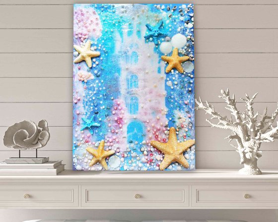 Pink Castle. Under the Sea. Fantasy fairy tale Decorative painting with pearls, rose quartz and shells