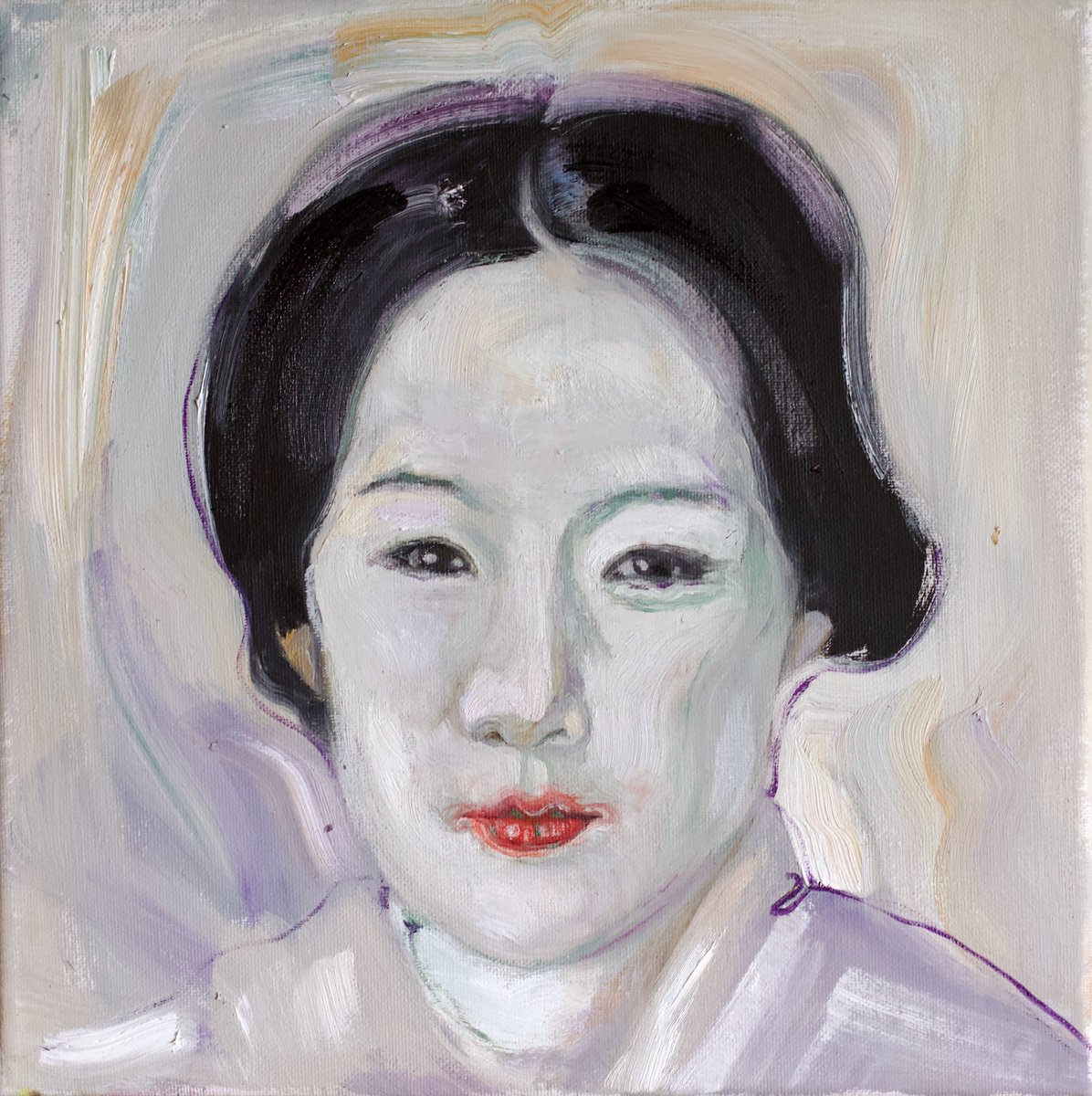 Expressive Portrait Oil Painting By Marina Skepner, 12 X 12", Lipstick, Original Artwork