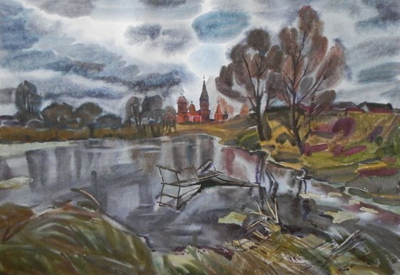 Rain begins, large painting 98x68 cm