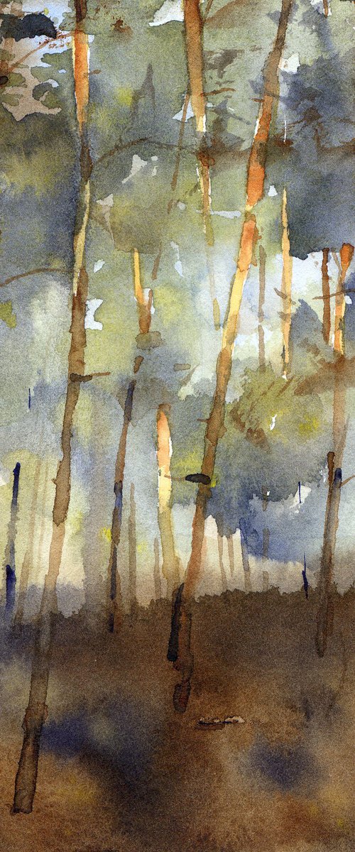 Pine forest, small watercolor painting by Yulia Evsyukova