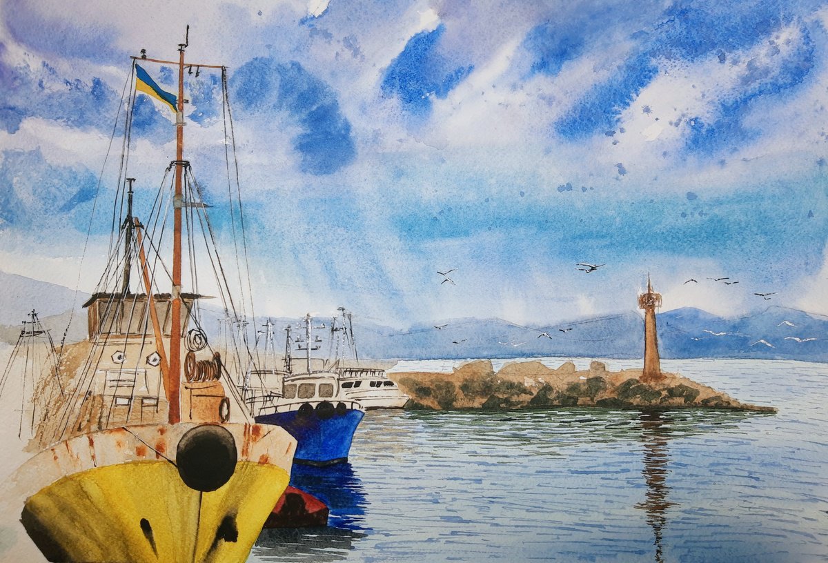 Expressive Landscape Watercolour By Yuliia Sharapova, 18 X 13", Port Of Odesa Ukraine, Original Artwork