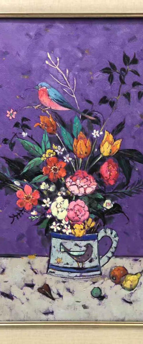 Still life oil painting:Floral and birdie by Kunlong Wang