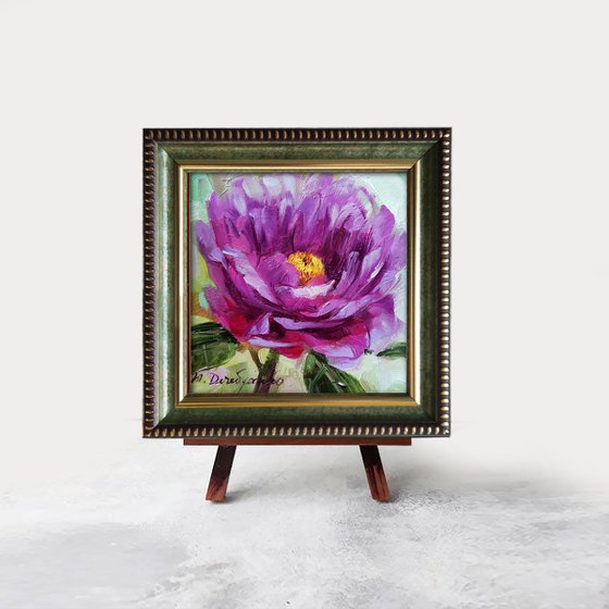 Peony original oil painting 4x4 framed, Small painting purple flowers, Unique peony wall art, Floral art Valentines day gift for wife