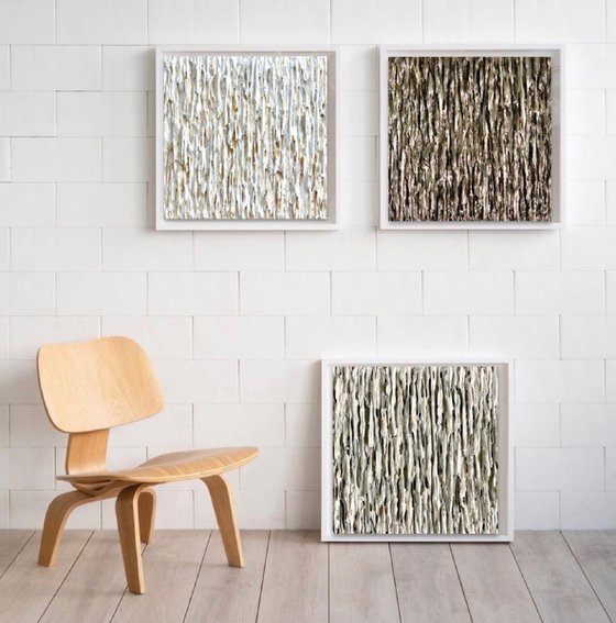 Emergence trio - pure black - buttercream white - ultimate grey-  3 original paintings ready to hang