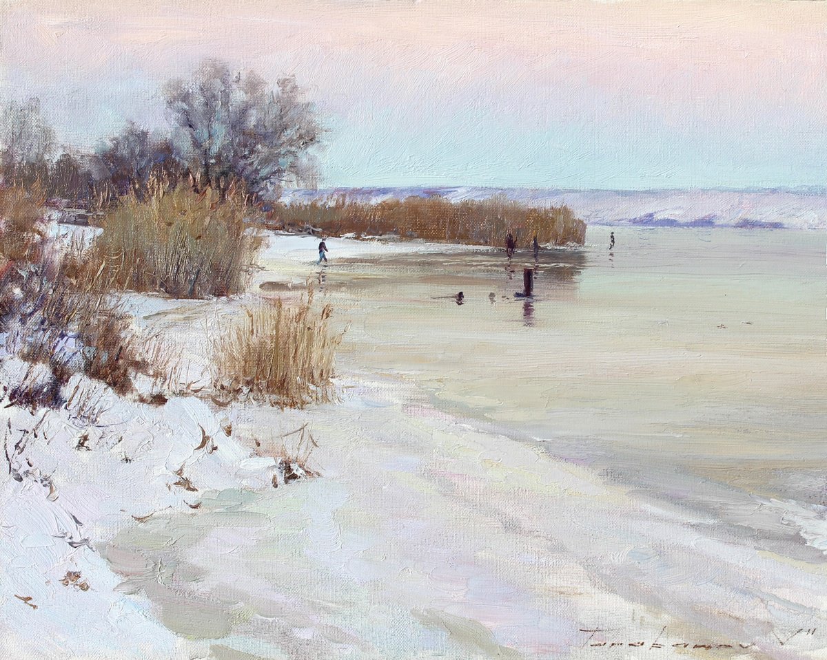 Impressionistic Landscape Oil Painting By Volodymyr Tarabanov, 20 X 16", First Ice, Original Artwork