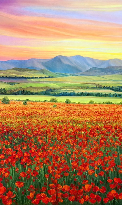 "Orange sunset", field of poppies landscape by Anna Steshenko