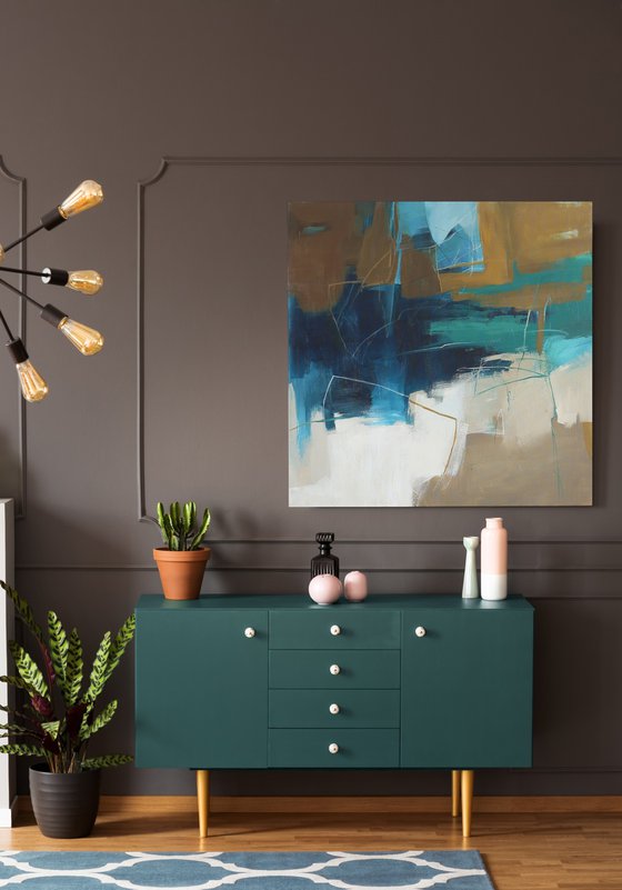 "Influence" Abstract navy teal brown art