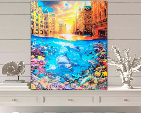 Flooding in city. Global warming. Dolphins under water, sea bottom seascape marine. Fantasy art.
