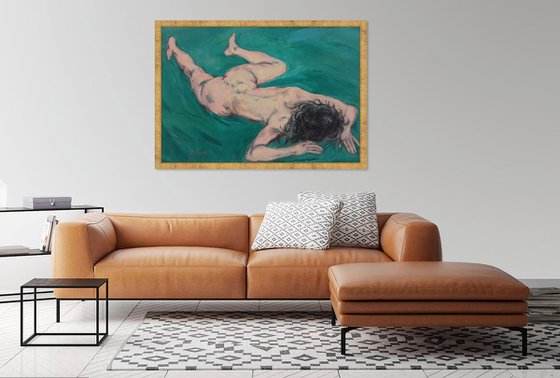 CARTURED BY DREAMS - nude art, original painting, oil on canvas, large abstract painting, green nude girl, interior art home decor, bed room art