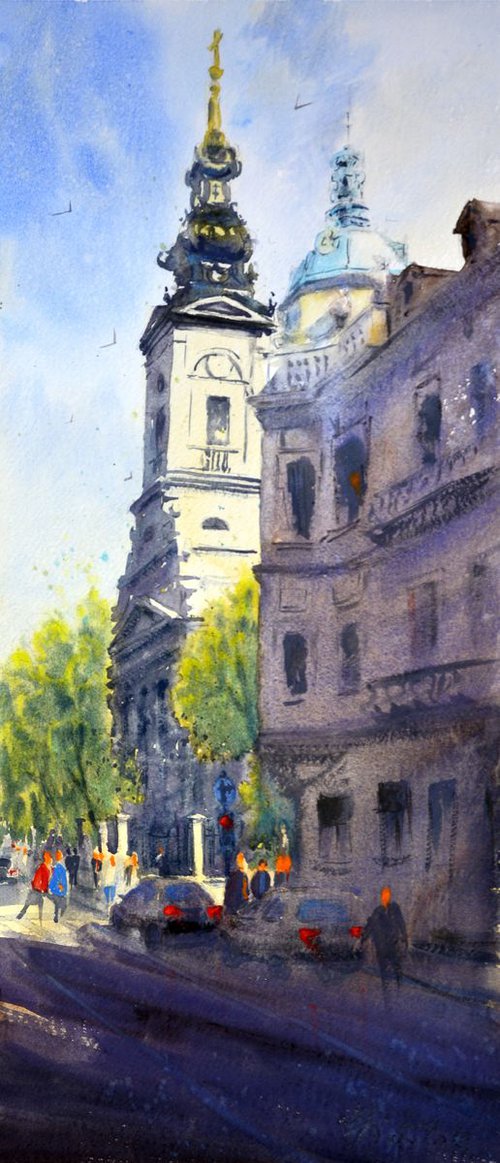 Ispred Saborne crkve Beograd medium by Nenad Kojić watercolorist