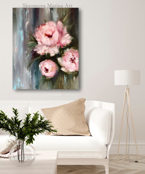 ROYAL PEONY - Abstract peonies. Garden flowers. Large buds. Macro flowers. Pale pink petals. Bouquet. Twilight. Haze.