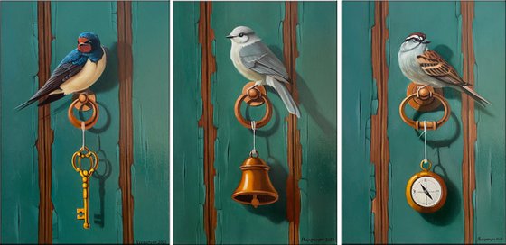 Still life with birds - triptych (24x35cm, 24x35cm, 24x35cm, oil painting, ready to hang)