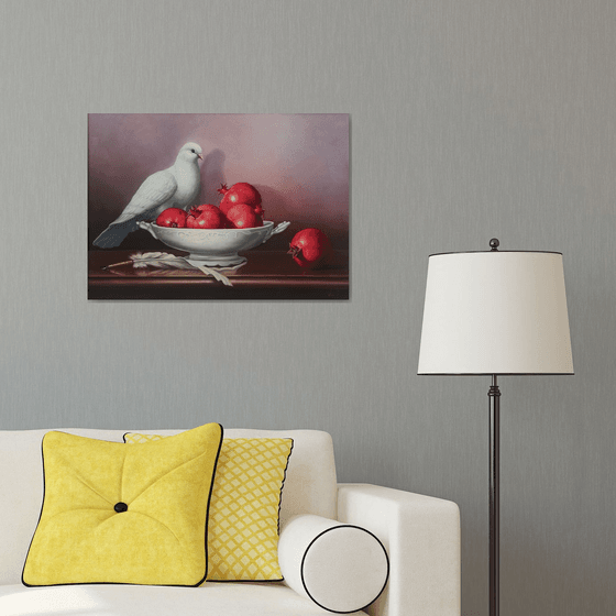 Still life with pomegranates and pigeon (50x70cm, oil painting, ready to hang)