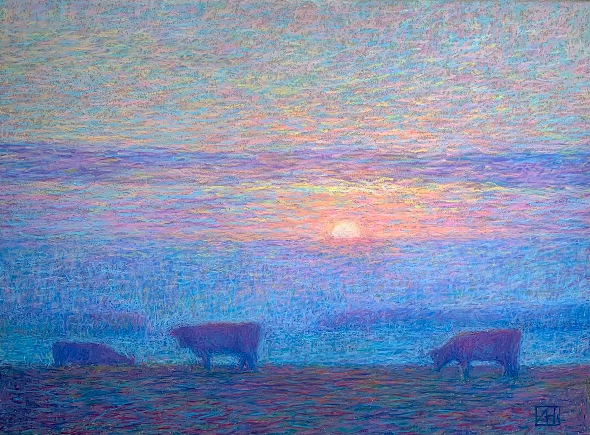 Impressionistic Landscape Pastel Drawing By Nataliia Zaharuk, 12 X 9", Evening Sun, Original Artwork