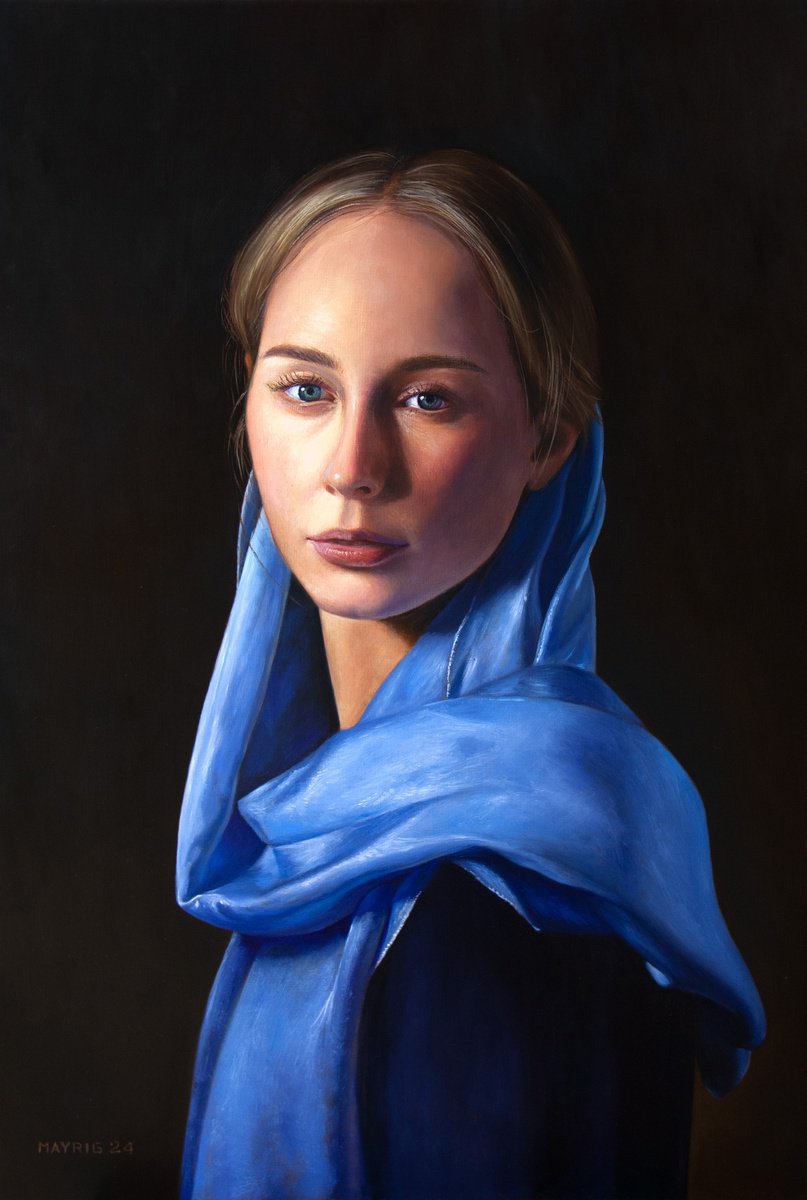 Photorealistic Still Life Oil Painting By Mayrig Simonjan, 16 X 24", Silk Blue Eyes, Original Artwork