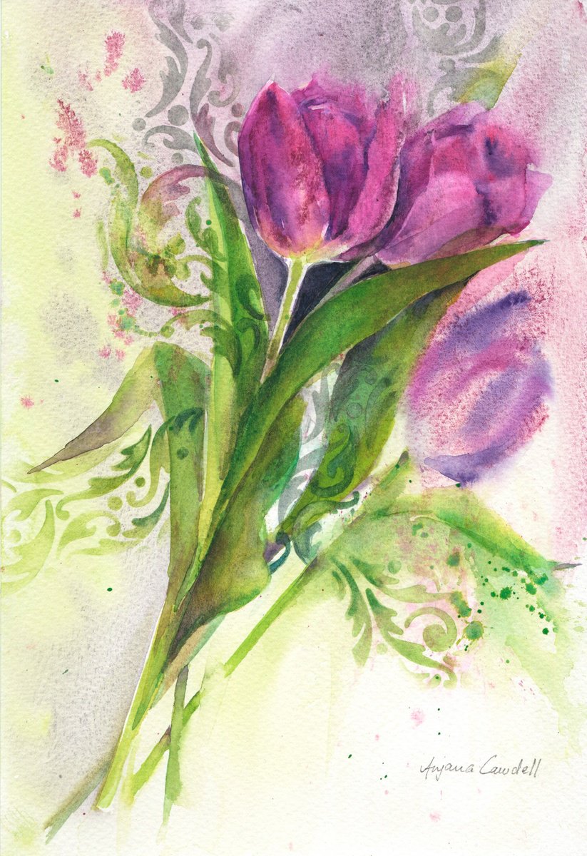 Impressionistic Watercolour , Purple Tulips By Anjana Cawdell, 7 X 10, Artwork For Sale On Artfinder