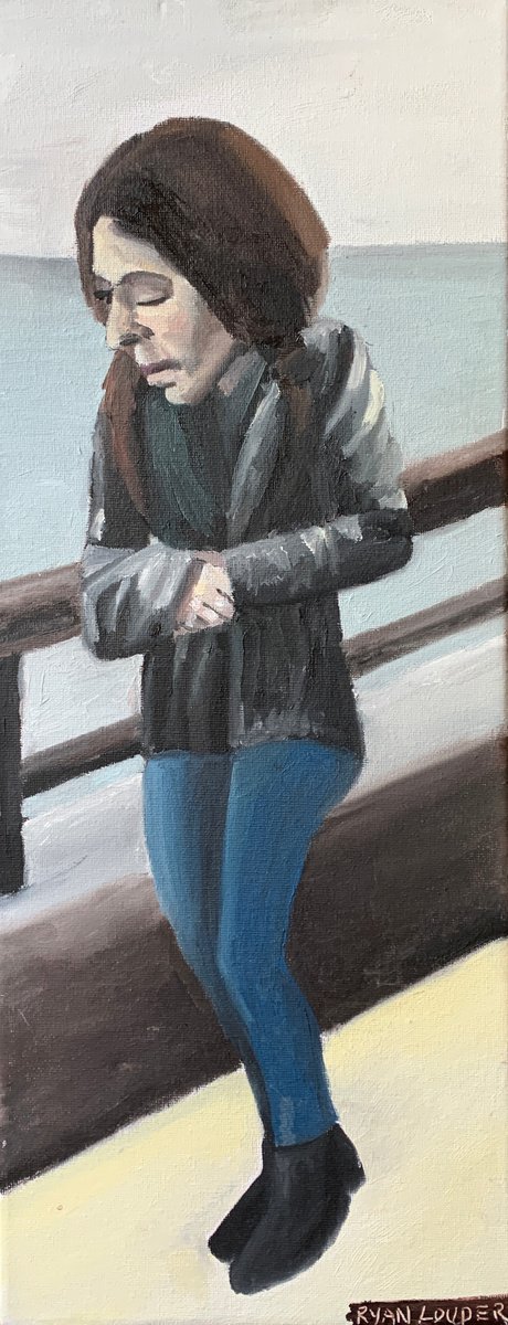 Cold Women Walking Along London Thames - Oil Painting by Ryan Louder