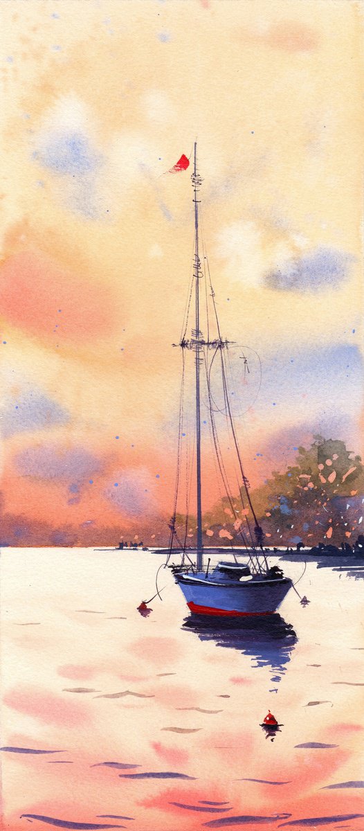 ????PEACH SUNSET #1 ???? Original watercolor painting on paper, sea, lake, seascape, sunset by Alina Shangina ??