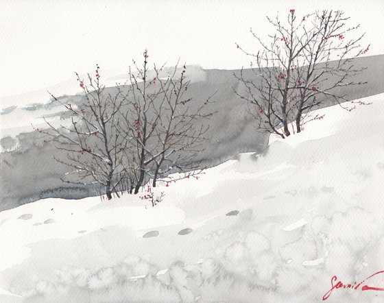 Snow Art Original Watercolor, Winter Landscape painting