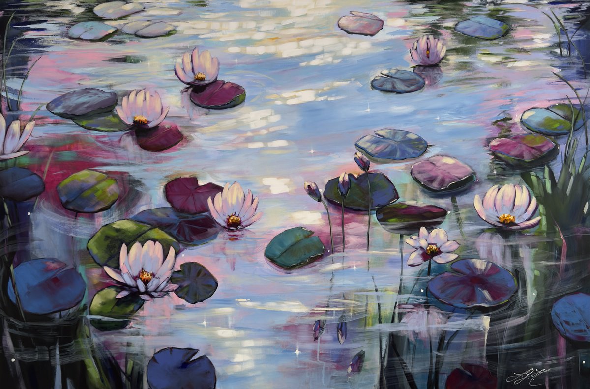 Impressionistic Botanical Acrylic Painting By Sandra Gebhardt-Hoepfner, 59 X 39", Serenity 7, Original Artwork